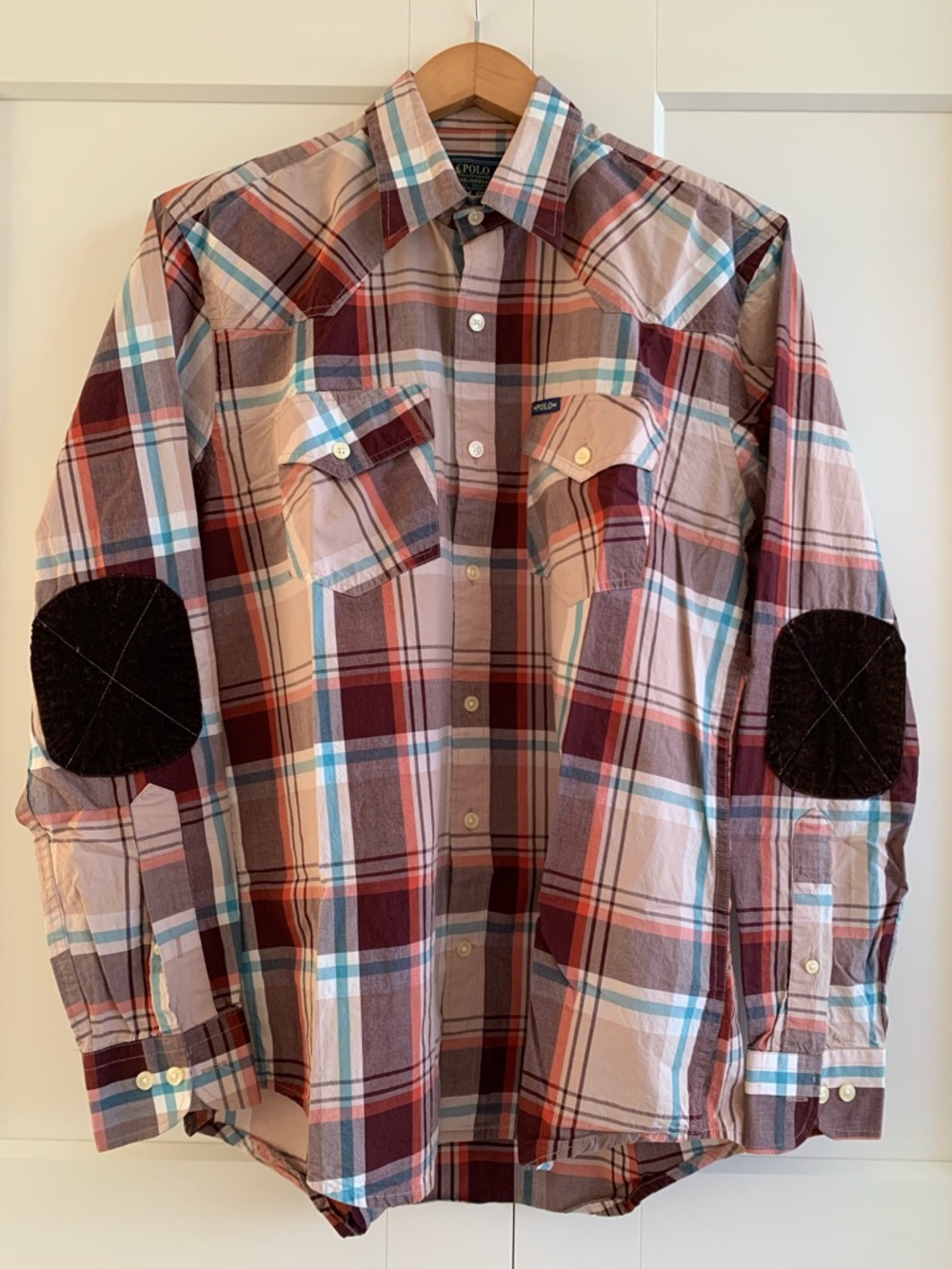 Polo Ralph Lauren shirt 100% cotton men’s Plaid Shirt with Elbow Patches size L